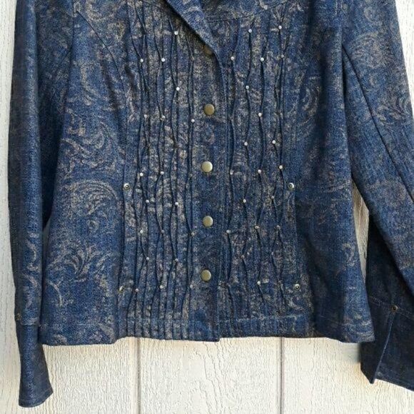 Vtg 90's Western Jean Jacket Gold Metallic Print Pintuck Studded Details Sz 4 - Picture 5 of 9